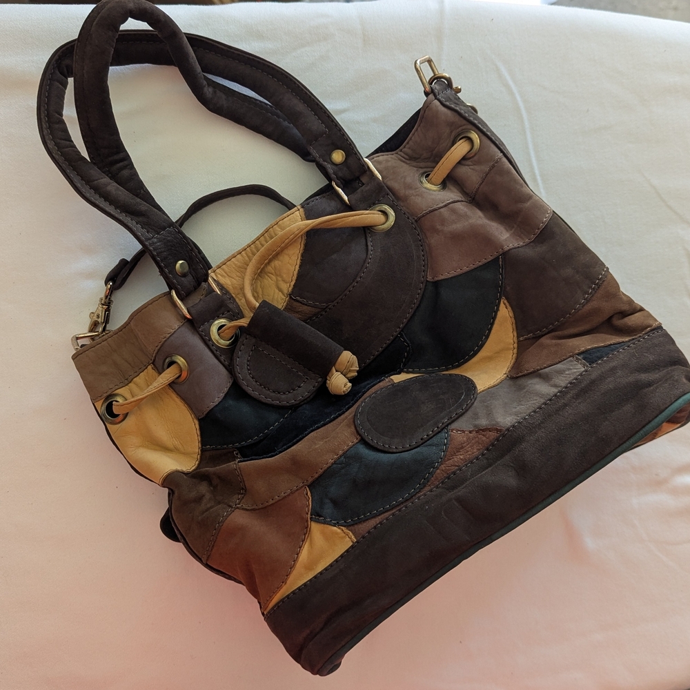 Brown Leather Patchwork, Shoulder Two Handles Pur… - image 1